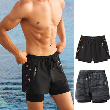 Biki.泳褲假二件式L-5L男波光外寬鬆沙灘短褲