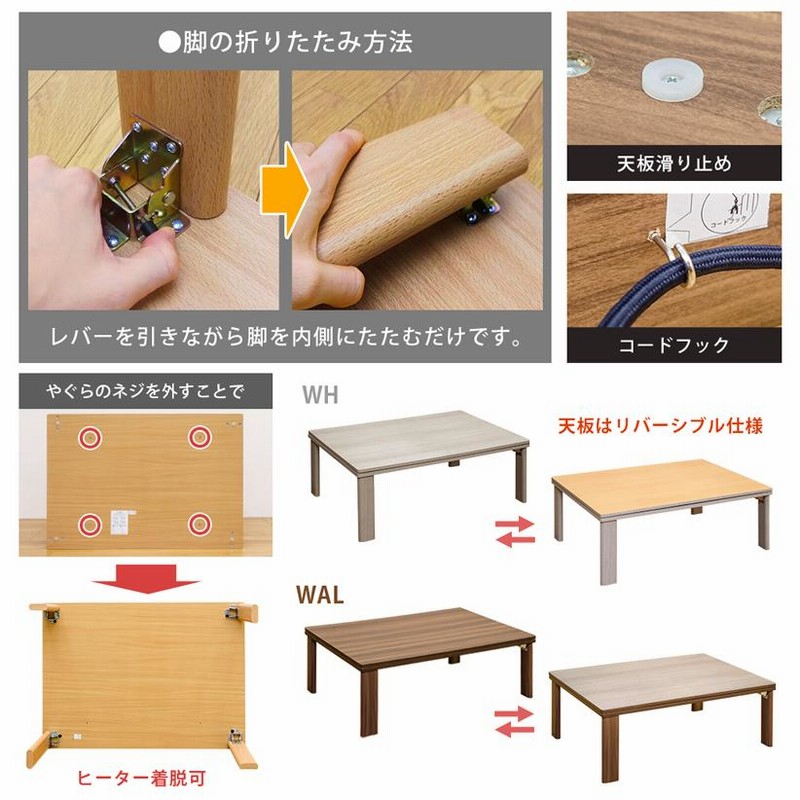 こたつテーブル 75×75 コード付き 見切ら 天板リバーシブル