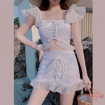 2022仙女范白色泳衣女ins風 高腰修身網紅款性感綁帶網紗度假溫泉
