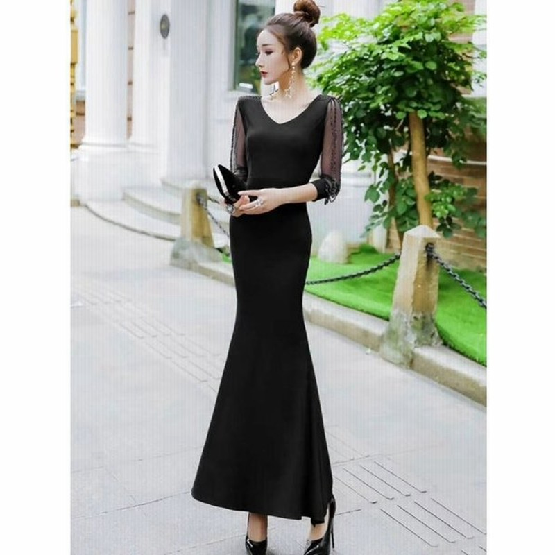 パーティードレス ロング タイト マーメイドドレス 結婚式 お呼ばれドレス ロングドレス 袖あり 七分袖 シースルー袖 大きいサイズ 3l 黒 透け感 韓国 通販 Lineポイント最大0 5 Get Lineショッピング