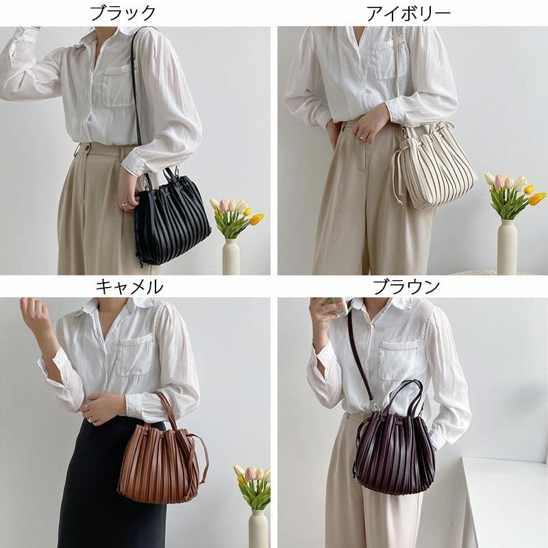 巾着バッグ レザー ショルダーバッグ レディース プリーツバッグ