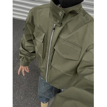 素色翻領長袖外套男秋季新款休閒百搭寬鬆痞帥上衣男