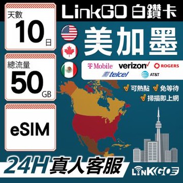【LinkGO】白鑽卡 美加墨 eSIM卡 10天上網卡 總流量50GB 高速流量(美國 加拿大 墨西哥)