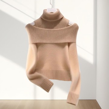 露肩毛衣純色高領女款高級感假兩件軟糯慵懶風針織上衣打底衫秋冬