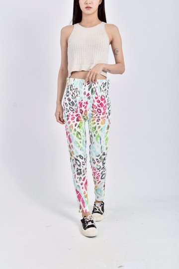 (S) 【唐玲私服】高腰豹紋粉藍白色長褲