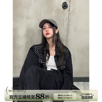 新因素重工鉚釘燙鉆牛仔外套釘珠水鉆秋黑色潮牌復古夾克男女同款