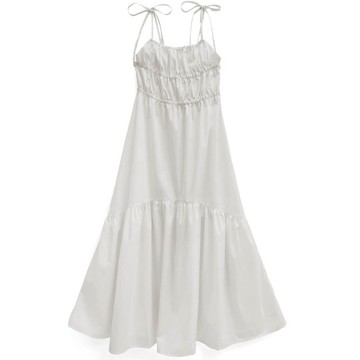 日本 GRL - 肩綁帶甜心皺褶度假長洋裝-淺灰 (F)