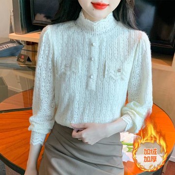 立領花邊蕾絲衫女減齡長袖加絨襯衫秋冬氣質內搭打底小衫加厚上衣