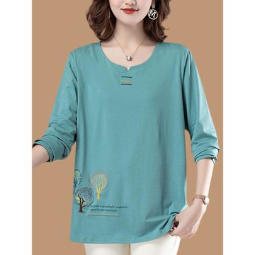 純棉長袖t恤女2021早秋小衫媽媽秋裝新款上衣時尚寬松洋氣打底衫