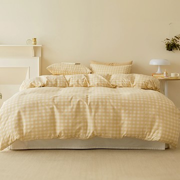 maatila 格紋羽絨被套+枕頭套組 SS  被套(160 x 210cm) + 枕套(50 x 70cm)  香蕉奶油  1組