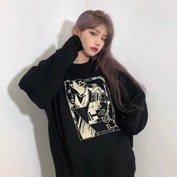 黑色圓領衛衣女春秋薄款寬松潮牌oversize歐美高街hiphop外套