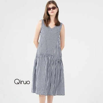 【Qiruo 奇若】春夏專櫃V領休閒洋裝8218F 藍白格紋