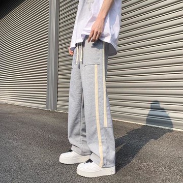 灰色織帶衛褲男潮牌寬松垂感直筒籃球運動褲高街百搭闊腿休閑長褲