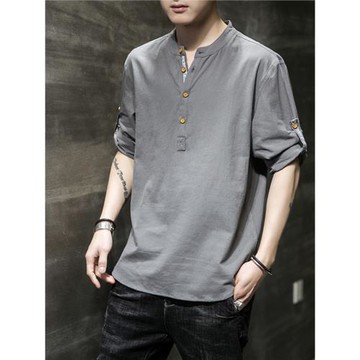 亞麻t恤男短袖夏季薄款休閑套裝潮牌棉麻半袖高端男士七分袖體恤