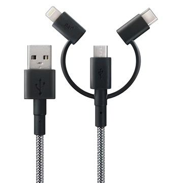 pqi 勁永 i-Cable Multi-Plug USB-Micro USB/Lightning/Type-C 三合一編織傳輸線，複合纖維耐重50KG  180cm  黑色 + 銀色  1條