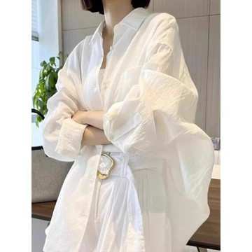 寬松白色棉麻長袖防曬襯衫女春秋外搭開衫高級感亞麻襯衣韓版上衣