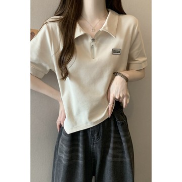 9polo領正肩短袖T恤女 翻領上衣 夏季薄款 設計感小眾上衣 寬松顯瘦 港味chic上衣 體恤女 大碼T恤