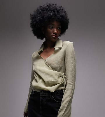 Topshop Tall button front wrap top in khaki-Green