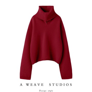 精致慵懶隨意！〓絨+〓紅色拉鏈大翻領闊袖粗針羊絨毛衣女2024冬