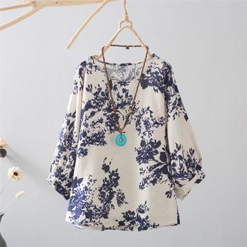 新款棉麻印花燈籠袖T恤女裝圓領碎花寬松中袖九分袖舒適體恤衫女