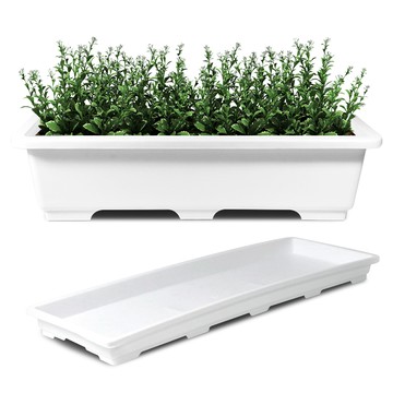 Hwabun World 基本款 長方形 菜園箱 + 底盤  花盆(64.3 x 23 x 16.5cm)+底座(62.3 x 21.1 x 3.7cm)  1組  白色