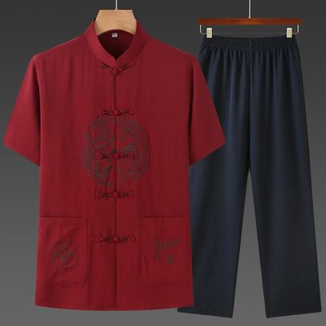 中國風唐裝男棉麻新款夏季中老年中式爸爸刺繡薄款漢服襯衫兩件套