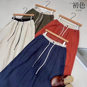初色 撞色拼接彈力腰抽繩直筒棉麻休閒褲寬褲長褲-共4色-10532(M-2XL可選)