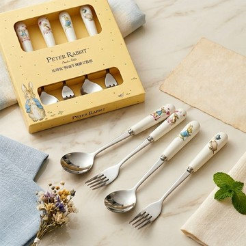 【比得生活館】Peter Rabbit 比得兔陶瓷不銹鋼點心匙叉組-4入組 ☆禮盒包裝 生日禮物 巨蟹座禮物 彼得兔