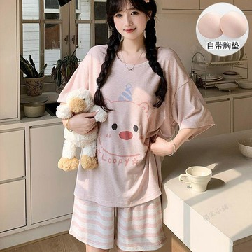 【臺灣-出貨】【自帶胸墊】莫代爾睡衣女可愛卡通圓領家居服短袖短褲少女套裝0508