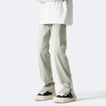 牛仔褲男款美式復古高街褲子2024年春秋新款微喇褲男士開叉喇叭褲