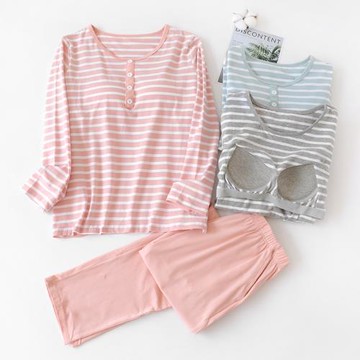 帶胸墊睡衣女純棉春秋季條紋長袖休閑可出門家居服套裝罩杯一體