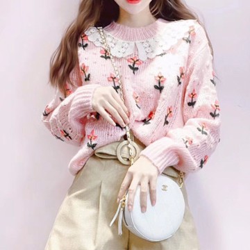 BBHONEY 甜美蕾絲拼接圓領小花針織上衣毛衣