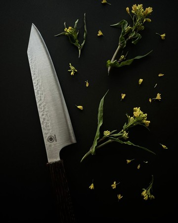 KIKUSUMI NATUR 烤慄木 八角形附牛刀 21cm 錘紋 不鏽鋼刀