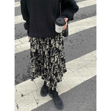 復古黑色碎花半身裙女秋冬中長款設計感小眾高腰洋氣扎染半身長裙