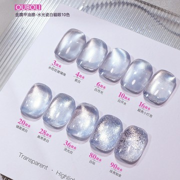 現貨｜ Ouboli 鷗博麗金鑽水光瓷白貓眼甲油 裸閃水光 透明玻璃珠美甲 透色貓眼 極細磁粉