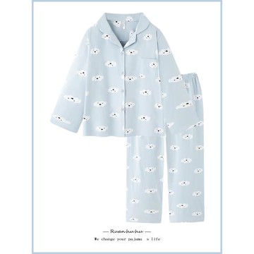 可愛小狗純棉睡衣女春秋季2025新款長袖長褲淺藍色家居服套裝秋冬