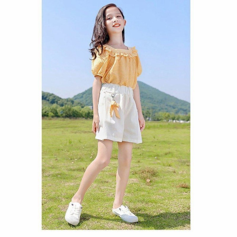 贅沢 120 女の子 セットアップ 2点セット フリル 半袖 リボン 黄色