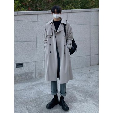 年前清倉~薄款風衣設計感高級男韓版中長款寬松雙排扣大衣外套