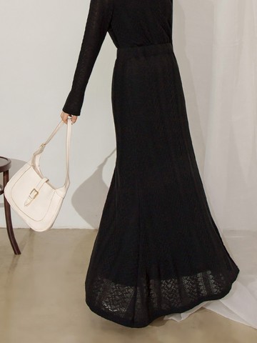 素色毛織紋理腰鬆緊A字長裙