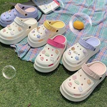 卡通厚底洞洞鞋 踩屎感沙灘鞋 包頭拖鞋 厚底增高 鬆糕拖鞋 半拖鞋 涼鞋女 DIY洞洞鞋 輕便 防滑