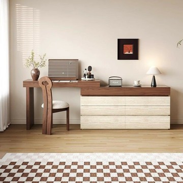 鏡台 化妝桌 免運 開立發票 木昆復古梳妝臺斗櫃一體現代簡約臥室可伸縮床尾帶燈儲物櫃化妝桌