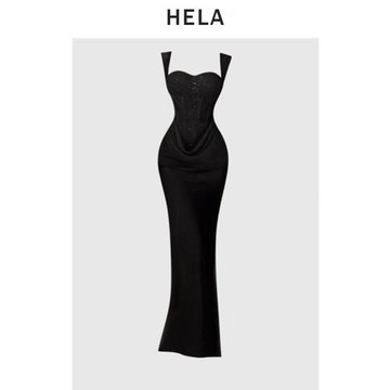 HELA 胖mm法式重工抹胸吊帶連衣裙女夏季2026收腰包臀魚尾禮服裙