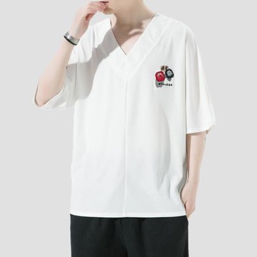 冰絲t恤男短袖夏季薄款寬松v領體恤中國風男裝五分袖上衣男士半袖