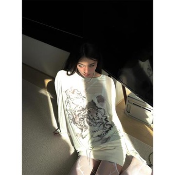 (免運)Crazy Ladys 純欲辣妹圖案印花防曬服女夏微透小眾個性圓領T恤ins