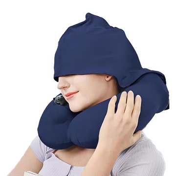 OMORY 連帽按壓充氣頸枕 附收納袋  深藍色  1個  30 X 32CM