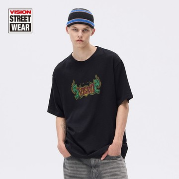 VISION STREET WEAR 復古龐克印花水洗做舊竹節寬鬆圓領短袖T卹 V261NC9003