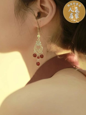 流蘇耳環 古著耳環 漢服耳環 唐媞新中式小眾獨特紅瑪瑙流蘇耳環輕奢高級感耳墜國風馬面裙耳飾