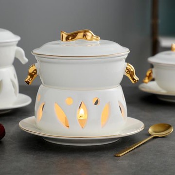 高典燕窩碗甜品碗金邊雙耳碗陶瓷帶蓋歐式宮廷燉盅銀耳碗羅宋湯碗