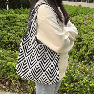 跨境爆款亞馬遜波西米亞風單肩包女士大容量通勤針織包菱形編織包