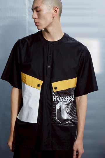 雙口袋半襟上衣 - 黑